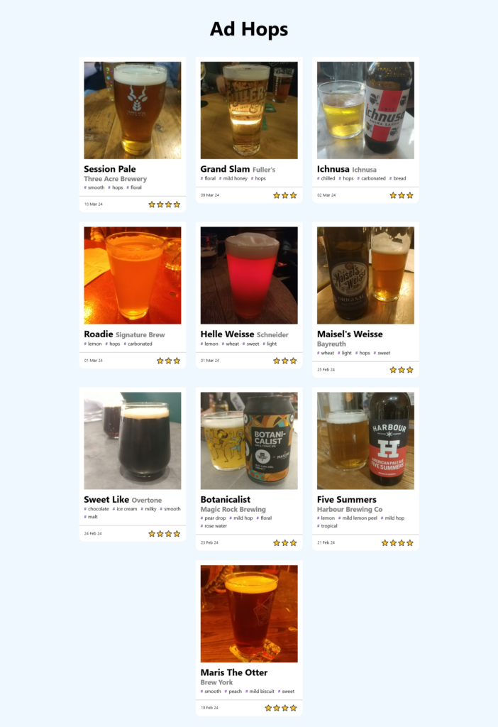 A screenshot of the "ad hops" website. It shows a three-column grid of ten beers, each with a photo, beer name, brewery, some hashtags such as "floral" and "mild hop", the date the image was taken, and a star rating out of five (all are rated three or four).