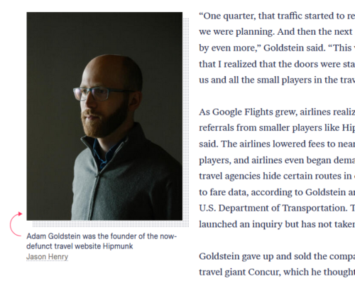 Photo of Adam Goldstein offset slightly overlapping the text and with a small arrow pointing the description to the image.