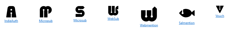 Icons for the various IndieWeb protocols. Each is a black, block-capital letter or letters with a circular node punched out somewhere. For example, IndieAuth is a capital A with a line ending in a node splitting the two legs of the letter, whilst Webmention is a W where the two downstrokes are lines terminating in nodes, and the final upstroke continues into an arrow, indicating an outgoing dataflow.