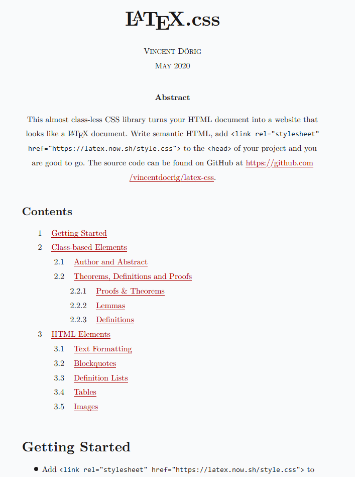 Example of text styled like Latex, including author details, an abstract, and a contents table.
