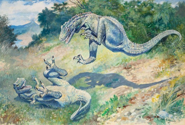 Two theropod dinosaurs with unrealistic iguana like physiology fighting