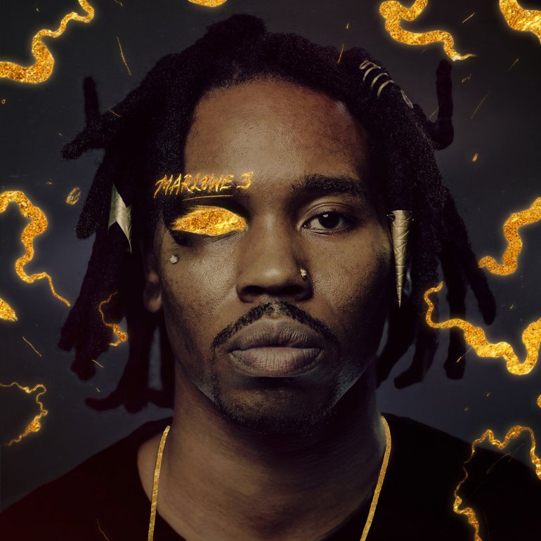 Cover art: An emotionless portrait shot of Solemn Brigham, a young handsome black man with dreads down to just above the shoulder, diamond piercings in the nose and beneath the right eye, and gold adornments in the hair. That gold is repeated in a scratched-out right eye, with molten gold showing through; similar scratch marks around the image show seams of gold, as well as a faux-chain necklace around Solemn's neck, and in the text "Marlowe 3" scrawled across his eyebrow.