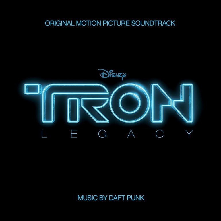 Cover art: A black background with neon-blue text that reads: original motion picture soundtrack, Disney, Tron legacy, music by Daft Punk. The word "Tron" is stylised to appear in 3D block-shapes, similar to the light-beams that the vehicles in Tron make.